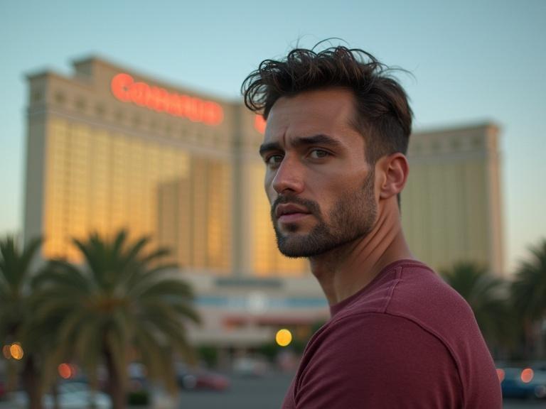 A man looks directly at the camera with a hotel in Las Vegas behind him. The setting showcases the vibrant energy of the location. His expression suggests confidence and intrigue. The golden hour light casts a warm glow on the scene.