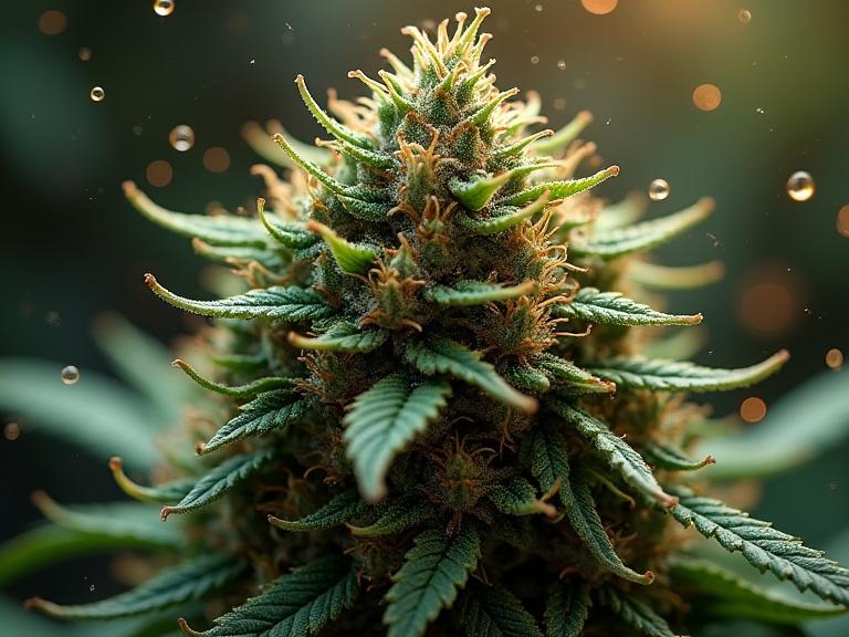 A close-up portrait of a dense cannabis bud tied with strings. Background is filled with floating particles and glowing resin droplets. Techniques include macro photography and a vibrant oil painting style.