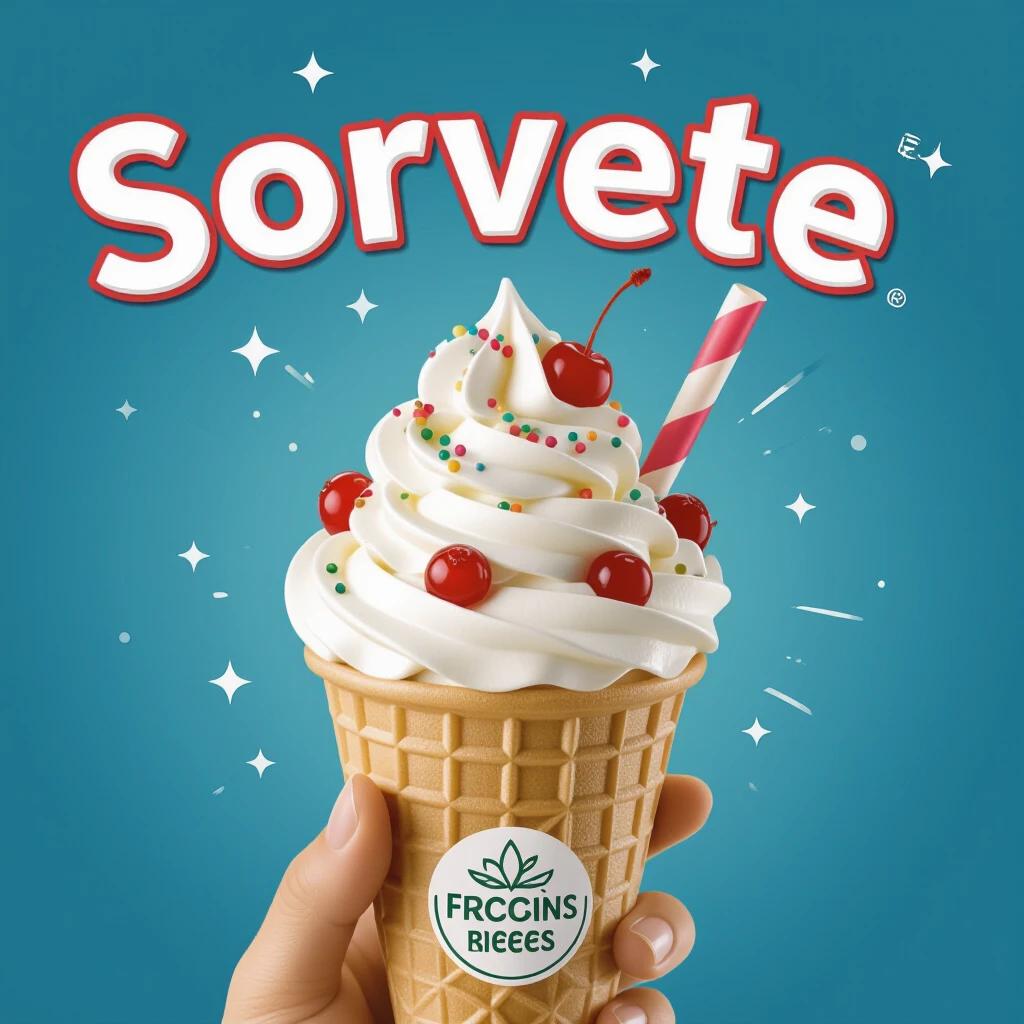 Illustration of a delicious ice cream cone with a soft serve swirl. Bright toppings include cherries and colorful sprinkles. A hand holds the ice cream against a blue background. The word 'Sorvete' appears in bold letters.