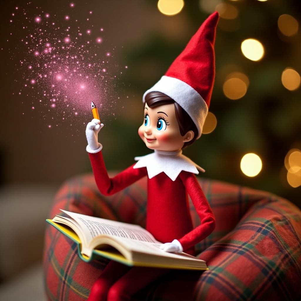 The image features an adorable elf from the Elf on the Shelf tradition, dressed in a bright red outfit and a pointed hat. The elf is joyfully sitting on a plaid chair, book in hand. It is creating the name 'Brynley' in the air using sparkly pink glitter with a magical pencil. The scene is enhanced by soft, warm lighting, making the elf appear lively and enchanting. The background hints at Christmas with gentle bokeh lights, evoking a festive atmosphere.