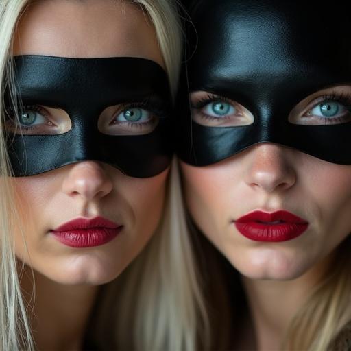 Two mature women with long blonde hair wearing black masks. Their faces are centered. One young woman with blonde hair and blue eyes wearing bold red lipstick. Centered in the panel.