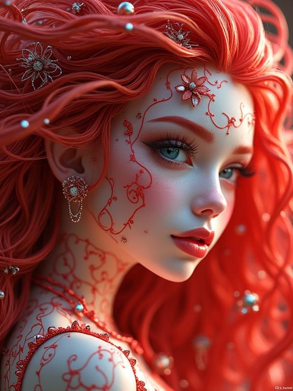 A hyperdetailed supermodel with red hair and zentangle designs. The character has ornamental features and 3D effects, displayed in high resolution.