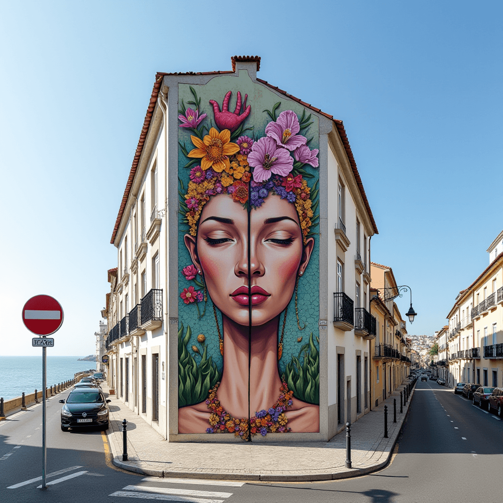 A striking mural of a woman's face adorned with vibrant flowers sprawls across the side of a building, adding artistic flair to a seaside street.