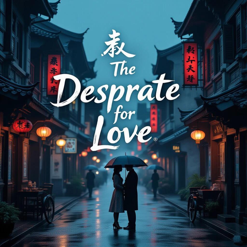 Movie poster design featuring moody cinematic lighting in a 1960s Hong Kong street. Title in elegant Chinese calligraphy: 'Desperate for Love'.