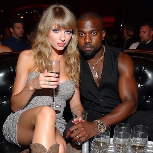 18 year old Taylor Swift in a nightclub with Kanye West. Taylor has long blonde curls and a sparkly silver dress. Kanye wears a black leather vest. They are very close together. Taylor holds a champagne glass and looks at the viewer. Both have several empty glasses in front. The setting is a VIP section of a nightclub. Candid full body shot of the moment.