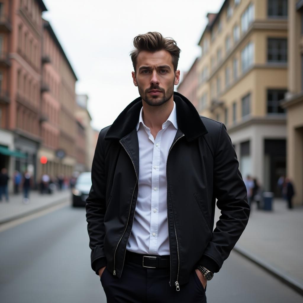 In this urban setting, a well-dressed man stands confidently in the street. He wears a stylish jacket over a crisp white shirt, exuding a fashionable appearance. The city buildings create a modern backdrop. Natural light flatters his features without any harsh contrasts. He has a serious expression, indicating confidence and style allure. This scene captures the essence of contemporary men's fashion within a bustling environment.