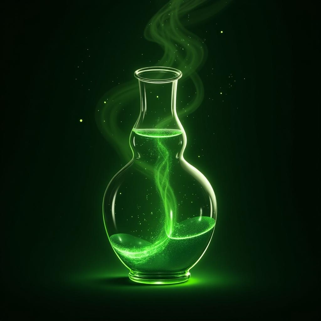 A green elixir in a magical font is shown in a flask with ethereal glow. The background is dark to enhance the glowing effect of the potion. Smoke wisps rise from the flask, adding a mystical aura to the scene.