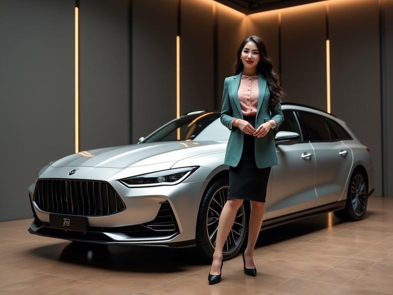 Full-body image of a glamorous young Chinese car saleswoman in a stylish car showroom next to a silver estate car. She wears a teal blazer, pink blouse, and black skirt with heels. Her long hair cascades over her shoulders, and she has beautiful makeup. The showroom has dark-grey walls with LED strips and a glossy brown floor, creating a luxurious atmosphere.