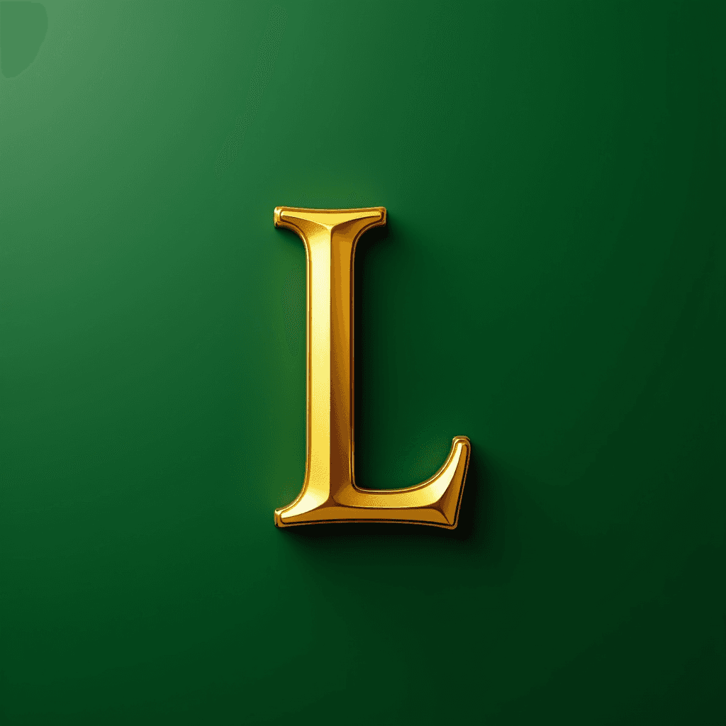 A gold letter 'L' with a shiny, metallic appearance stands out against a deep green background.