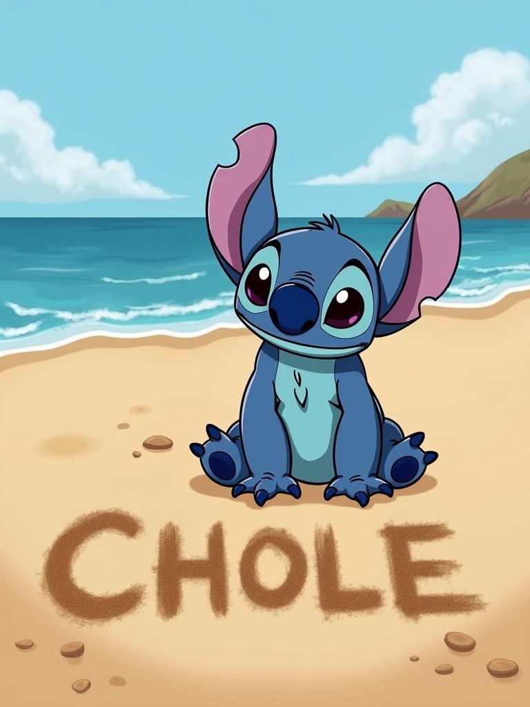 Stitch character sits on the beach. The character writes the name 'CHOLE' in the sand. Blue ocean waves and clouds in the background. Beach setting creates a warm atmosphere.