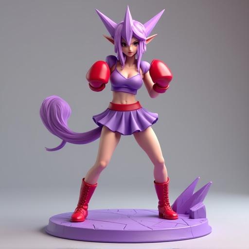 Stylized 3D resin figurine of a female boxer. She has a toned body. Striking an attacking pose. Wears a purple boxing outfit. Sporting red gloves and boots. Features spiky shoulder pads. Hairstyle mimics Hitmonchan. Elegant yet fierce facial features. Stands on a dynamic circular base.
