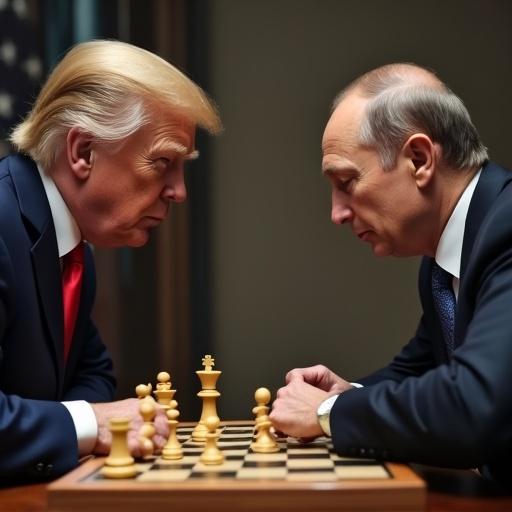 American President and Russian President engaged in an intense chess match. Both leaders focused on each other at the chessboard, showcasing strategic thinking and rivalry.