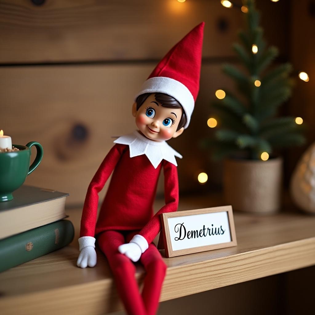 Elf doll in red outfit sits on a wooden shelf next to decorative elements. Name tag reads Demetrius. Cozy festive setting with Christmas atmosphere.