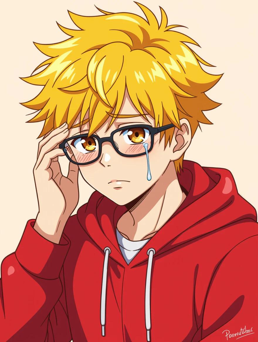 Male anime character displays sadness. Hair styled like Vash. Expression of tears and trembling lip. Red hoodie tightly zipped. Holding head with one hand. Clean cartoonish style and cel-shading. Pastel beige background adds to emotion.