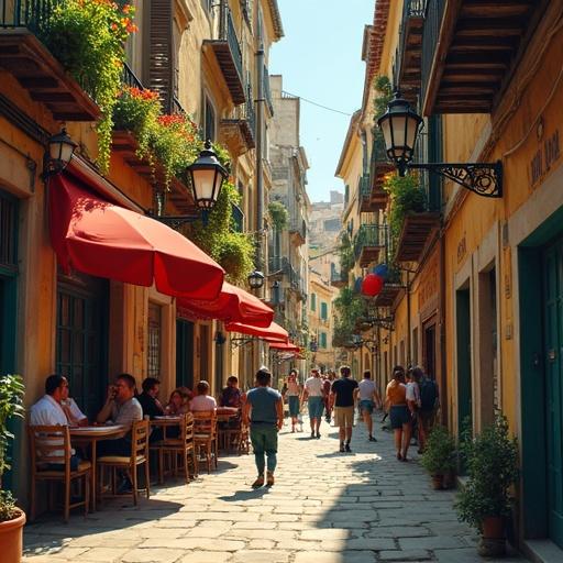 Scene of a bustling street with people dining at cafes and bars. Bright colors and sunny atmosphere with outdoor tables and umbrellas. People leisurely enjoying drinks. Cheerful vibe in picturesque surroundings.