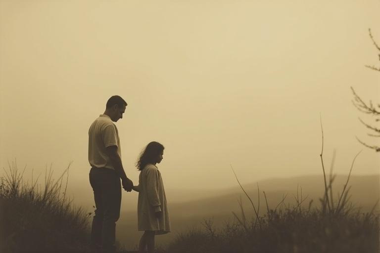Muted sepia-toned image of a father and daughter. They stand subtly distanced, connected by an unspoken bond. Soft landscape in the background.