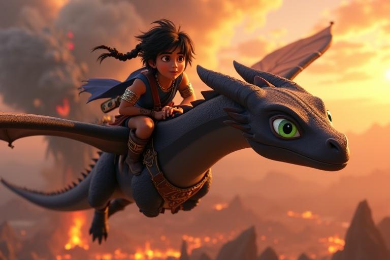 A young hero with an expressive face rides a dragon through a vibrant sunset sky. The scene depicts action with a fiery battlefield below and an epic dragon looming in the distance.