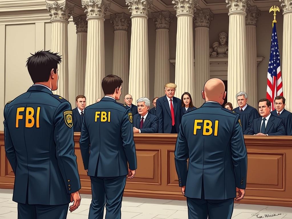 Cartoon showing FBI agents confronting judges in a courtroom. Characters include agents in blue uniforms and judges in robes. Setting is inside the US Supreme Court.