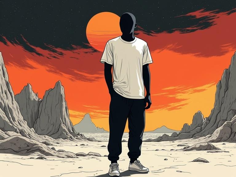 Illustration features faceless black mannequin in t-shirt and sweatpants. Positioned in a surreal landscape with abstract shapes. Background showcases a bold sunset and rocky terrain. Emphasizes minimalism and surrealism in a high-concept visual narrative.