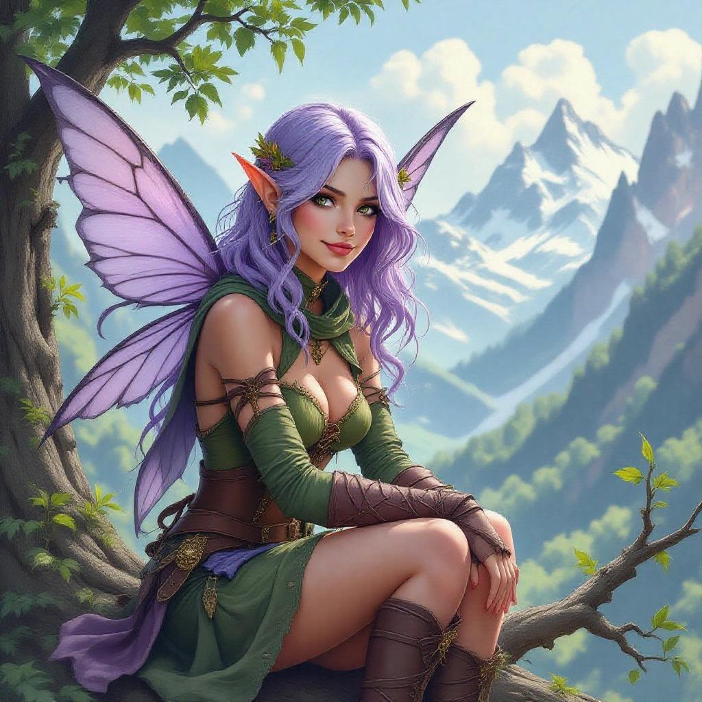Digital watercolor painting features a female fairy rogue with lavender hair and a mischievous smile. She is sitting on a tree branch with mountains in the background. The scene has a dark fantasy style and a gloomy atmosphere, suitable for Dungeons & Dragons.