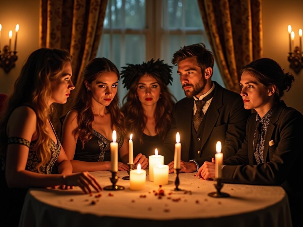 The image shows a group of five individuals seated around a table illuminated by candlelight. They exhibit a variety of expressions, contributing to an air of mystery and tension. The warm glow of the candles casts shadows on their faces, enhancing the dramatic effect. Every participant is dressed in dark, formal attire, evoking a vintage or gothic theme. The setting appears intimate, with rich textures and hues, suggesting an evening filled with intrigue and secrets.