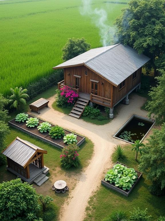 A serene rural homestead surrounded by lush green rice fields. A wooden elevated house on stilts with a metallic gray roof. Smoke rising from the chimney. Winding beige gravel path bordered by flowers. Raised vegetable beds with leafy greens. A small pond with lily pads. Lush greenery including banana trees. Wooden gazebo and outdoor seating areas. Vibrant uniform green rice fields in the background.