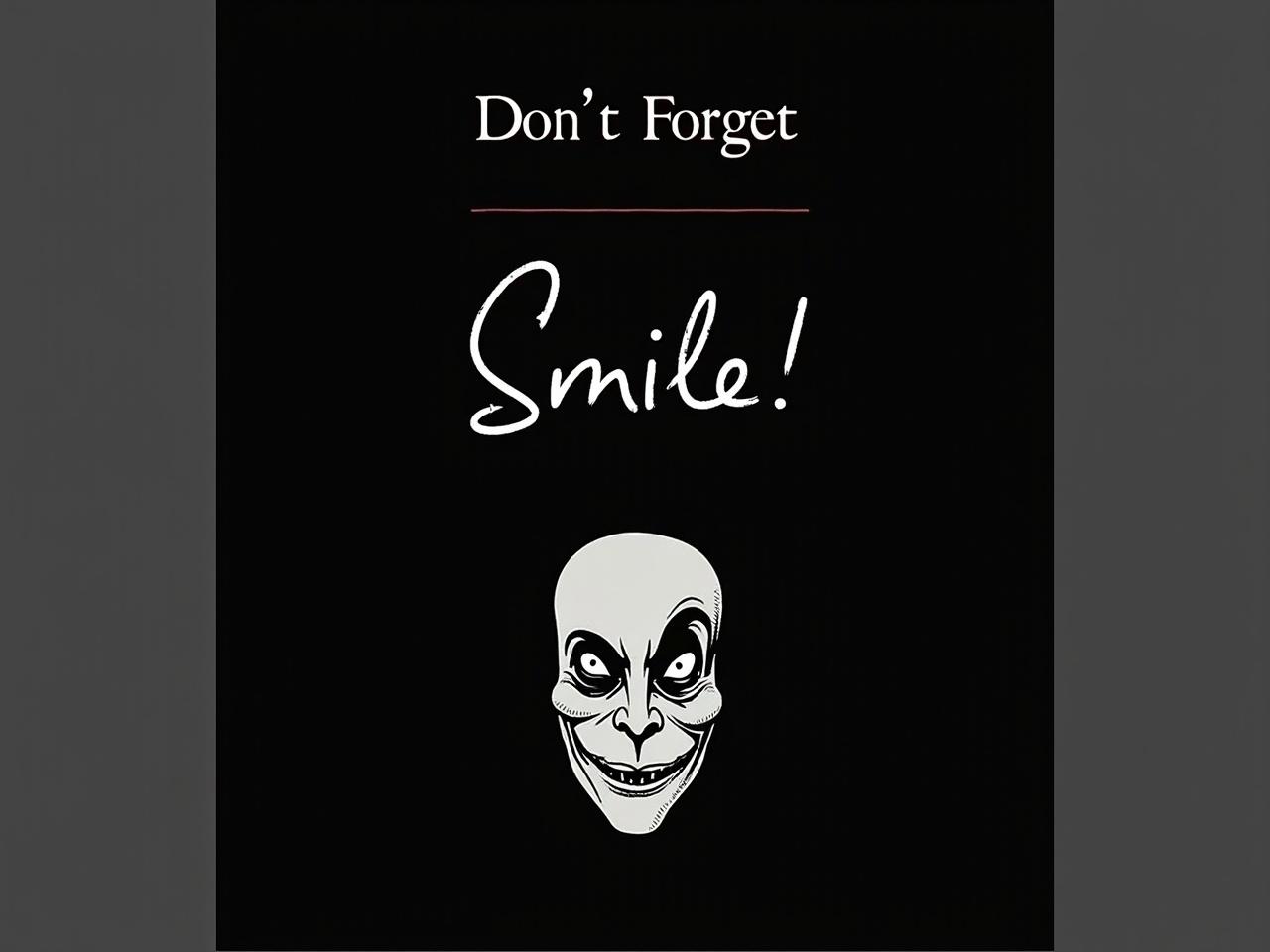 The image features a black background with white text. The top part has the phrase "Don't Forget" partially crossed out. Below that, in a larger script font, it says "Smile!". At the bottom of the text, there is an illustration of a face that has a somewhat eerie or sinister expression, with exaggerated eyes and a sly smile. The overall theme of the image contrasts the message of smiling with the unsettling illustration. This creates an intriguing visual juxtaposition.