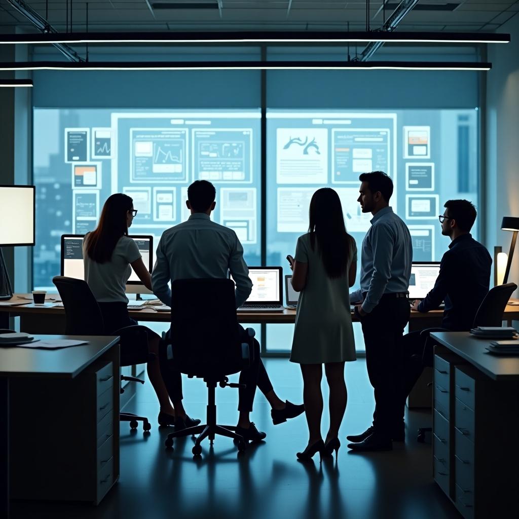 An office meeting scene with people engaged in discussion around a computer. Display on the wall showing data and graphics. Modern office environment with various workstations.