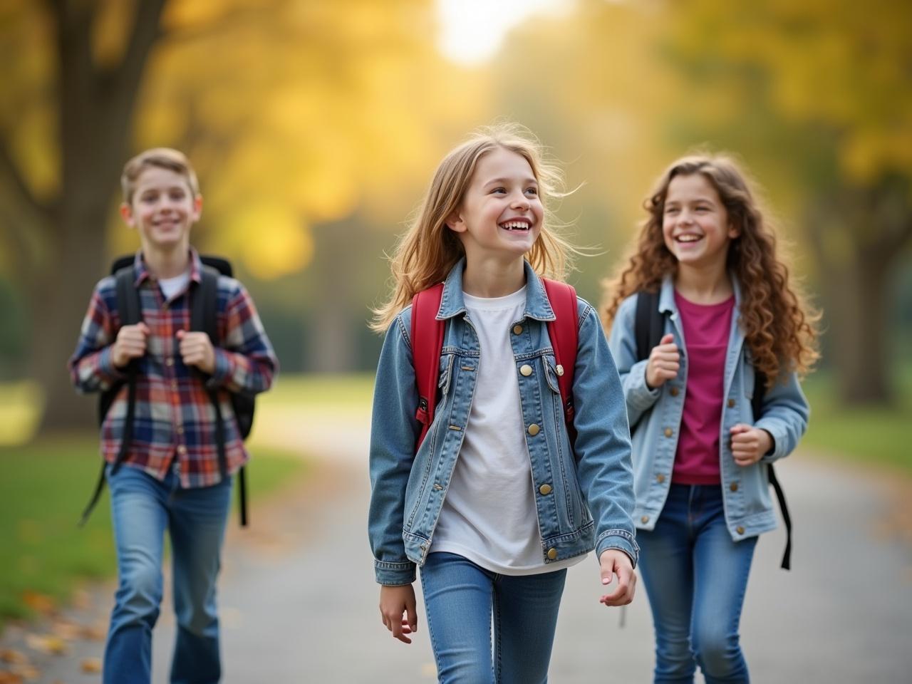 This image features three children joyfully walking together outdoors in an autumn setting. The background is rich with golden and green foliage, creating a warm, inviting atmosphere. Each child is casually dressed, carrying backpacks and smiling brightly. The scene evokes feelings of friendship and carefree childhood moments. The cheerful expressions highlight the joy of being outdoors with friends during a beautiful day.