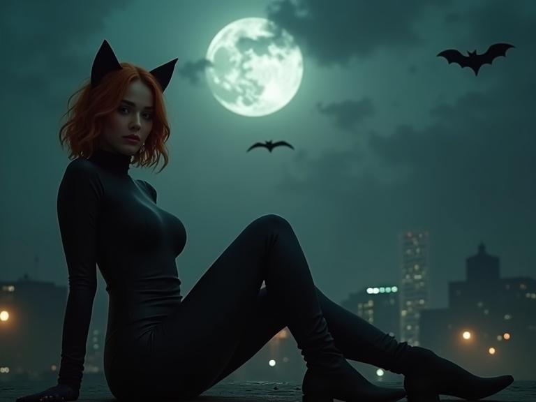 A 28 year old rock-chic woman poses in a misty Halloween cityscape at night. She has wavy ginger hair and wears a leather full-body catsuit with matching cat ears. The atmosphere is spooky with a large moon and silhouetted bats. Her makeup includes smoky eyeliner and pink lipstick with green eyes. The setting blends raw elements with refinement and is captured from a low angle with cinematic flair. Her entire body is visible including her shoes.