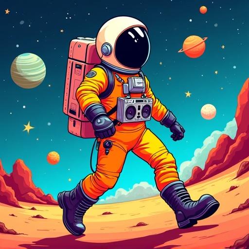 Vibrant pop art style cartoon of an astronaut confidently strutting forward with a boombox. The suit is colorful with bold patterns. The background features a whimsical space scene with planets and stars.