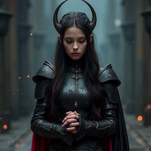 Young woman in black and crimson armor with a crescent crown. Nervous posture with bowed head. Fidgeting fingers showing subtle instability. Mystical throne room with magical particles illuminated by moonlight. Hyper-realistic details and lighting.
