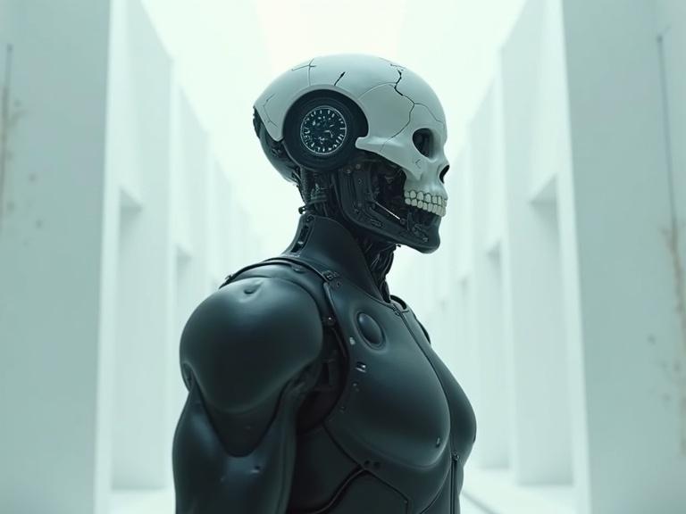 Armored humanoid in matte black suit enters large white chamber. Helmet cracked. Robotic skull revealed with glowing blue eyes and exposed mechanisms. Harsh light creates surreal atmosphere. Wide framing emphasizes solitude.