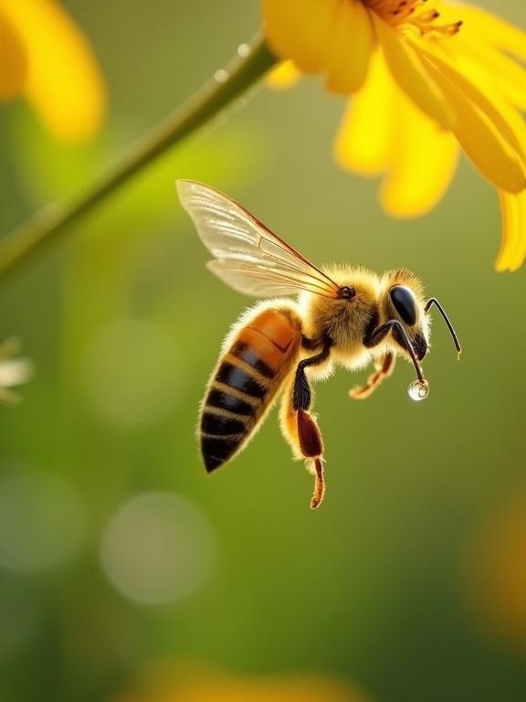 Extreme close-up of honeybee in flight with semi-transparent wings in morning light. Soft green bokeh in background with dewdrop from foreground flower petal.