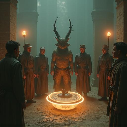 Surreal scene from a film. Group of men in historical attire gathered around a fantastical anteater-like creature in a ritualistic setting. Artwork showcases oddity atmospheric lighting and intriguing symbolism.
