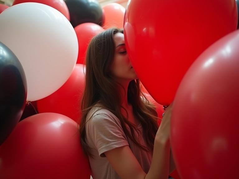 Distant panoramic image of a beautiful slim brunette woman. She is standing and leaning into giant necked latex balloons. Pressing into giant red balloons. Long hair covers her chest. Room filled with overinflated red, white, and black balloons.