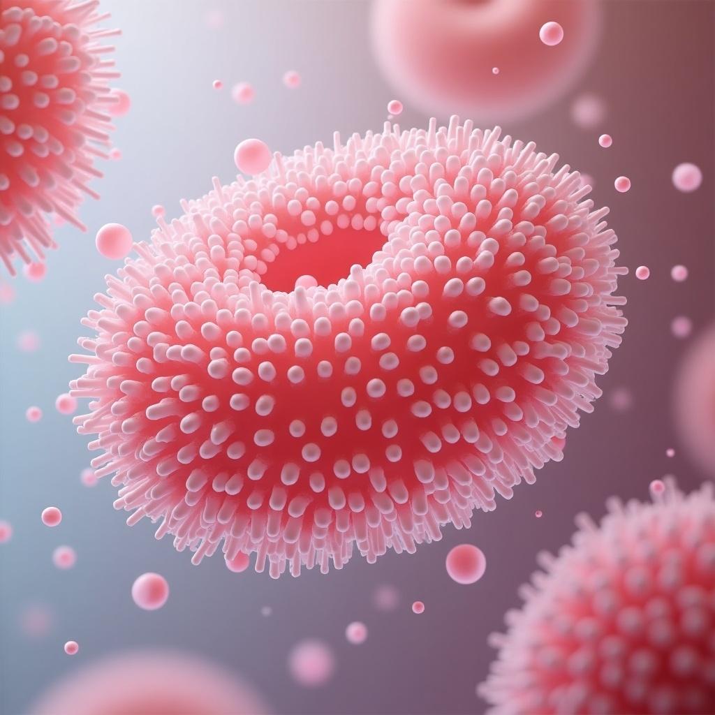 Detailed microscopic image showing modified polyurethane surface with sulfate alginate structures. Focus on blood compatibility enhancements. Bright colors and sharp details highlight the science aspect.