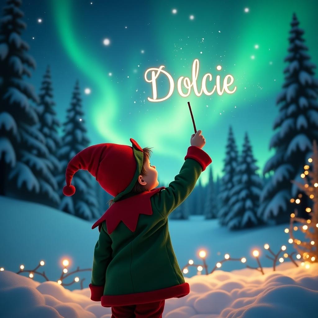 A scene shows a child dressed as an elf from behind, gazing skyward with wonder. The child playfully utilizes a wand to conjure the name 'Dolcie' in twinkling lights. The backdrop features stunning northern lights dancing in a vivid sky above a tranquil winter landscape. Snow-covered trees adorn the setting, enhancing the wintry feel. Foreground twinkling lights add warmth, contributing to a cozy, festive ambiance. Overall, the scene radiates a cheerful and magical mood, ideal for the holiday season.