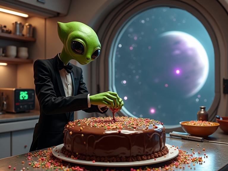 A green alien with a long head and huge eyes wears a black tuxedo. He bakes a large chocolate cake with glossy frosting in a futuristic kitchen inside a spaceship. He carefully pours glowing chocolate syrup over the cake while colorful sprinkles float around in zero gravity. The kitchen contains strange alien tools and hovering bowls. A digital timer counts down. Outside the window, stars and a purple planet glow. The scene is whimsical and cinematic with rich warm lighting.