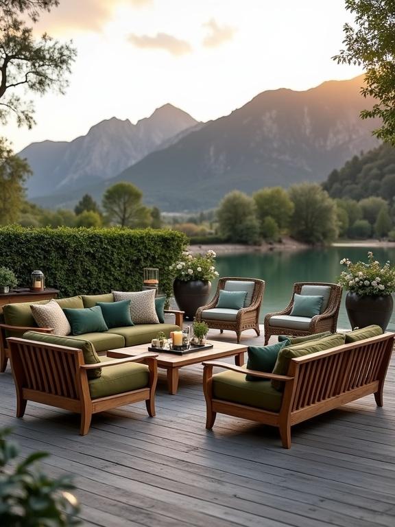Image showcases stylish outdoor seating on a wooden deck overlooking serene mountains and calm waters during golden hour. Features olive green sofas, low coffee table, rattan chairs, and garden planters. Natural wood materials create a rustic yet elegant feel. Ideal setting for relaxation enhanced by warm sunlight.