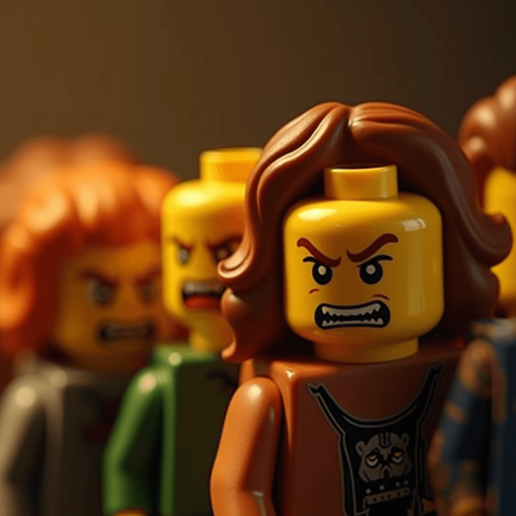 Lego figures with angry expressions gathered together.