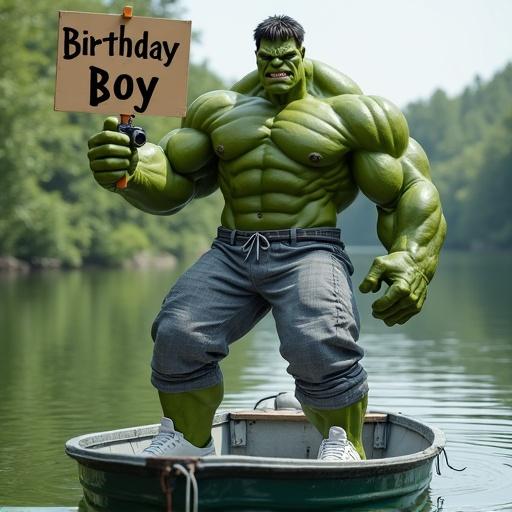 Hulk in grey sweatpants and white sneakers stands on a small boat in a green river. He holds a video camera and a birthday boy sign. His expression is intimidating.