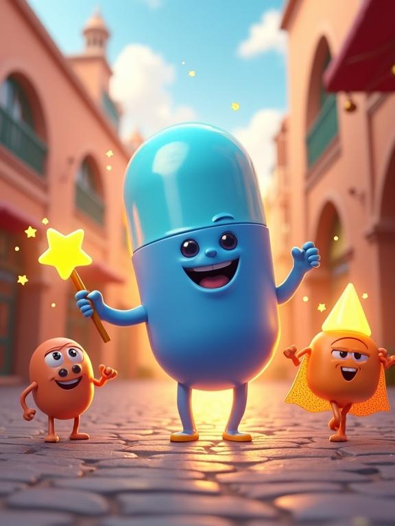 A vertical 3D cartoon poster. Top-down fish-eye view inside a child's body in a glowing fantasy world. Soft, organic, and playful environment. Cartoon vitamin characters shaped like geometric forms. Calcium as metallic cube. Vitamin D as glowing orb. Iron shaped like solid triangle. Vitamin A as bright pyramid. Each holds glowing magic wand. Surrounding weak cartoon cell-creatures. Cells glow and transform into stronger characters. Warm and soft lighting with sparkles.