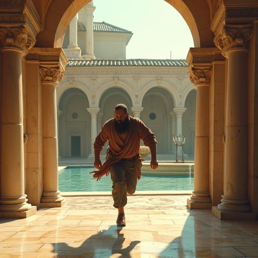 Cinematic comic-book illustration featuring a rugged man sprinting beside a marble fountain courtyard. Ornate Renaissance archways frame the scene. Image rendered in 8K with photorealistic textures. Emphasize motion blur on limbs and warm golden-hour lighting casting shadows on stone. Include intricate details on arch capitals and soft depth-of-field, focusing on the protagonist. Balanced color palette of ivory, terracotta, and sage green with cinematic color grading.