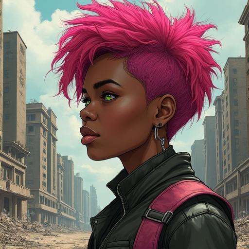 Drawing of a black woman with pink hair and green eyes in a post-apocalyptic city. The city is destroyed.