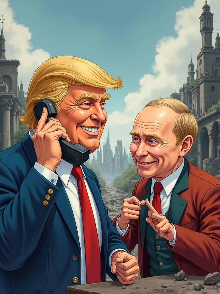 Ghibli-style cartoon of two smiling characters on the phone with a destroyed city in the background. Dark steampunk fantasy and watercolor illustration style.