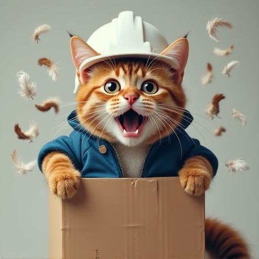 Semi-realistic cat wearing a hard hat and blue work jacket with a surprised expression. The cat's half-body is stuck in a broken cardboard box with only the head and tail visible. A band-aid is on the face, with feathers flying around, depicting a comical accident aftermath from a high place fall.