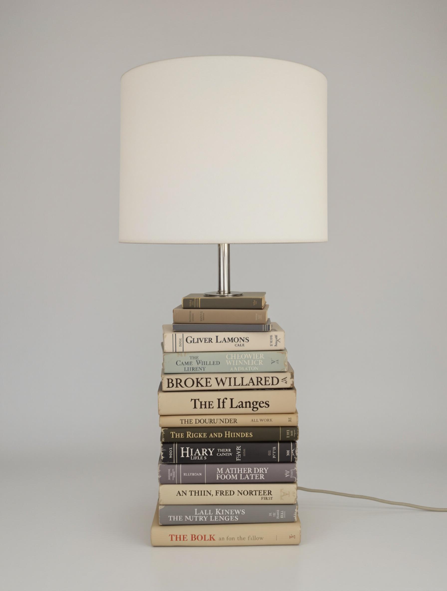 Create a table lamp featuring a base made of creatively arranged vintage books. Include a white cylindrical lampshade and silver stem. Books should vary in size, displaying wear. Make the stack dynamic with leaning books, some protruding, and horizontal stacks on top. The overall style should feel vintage and evoke nostalgia for literature.