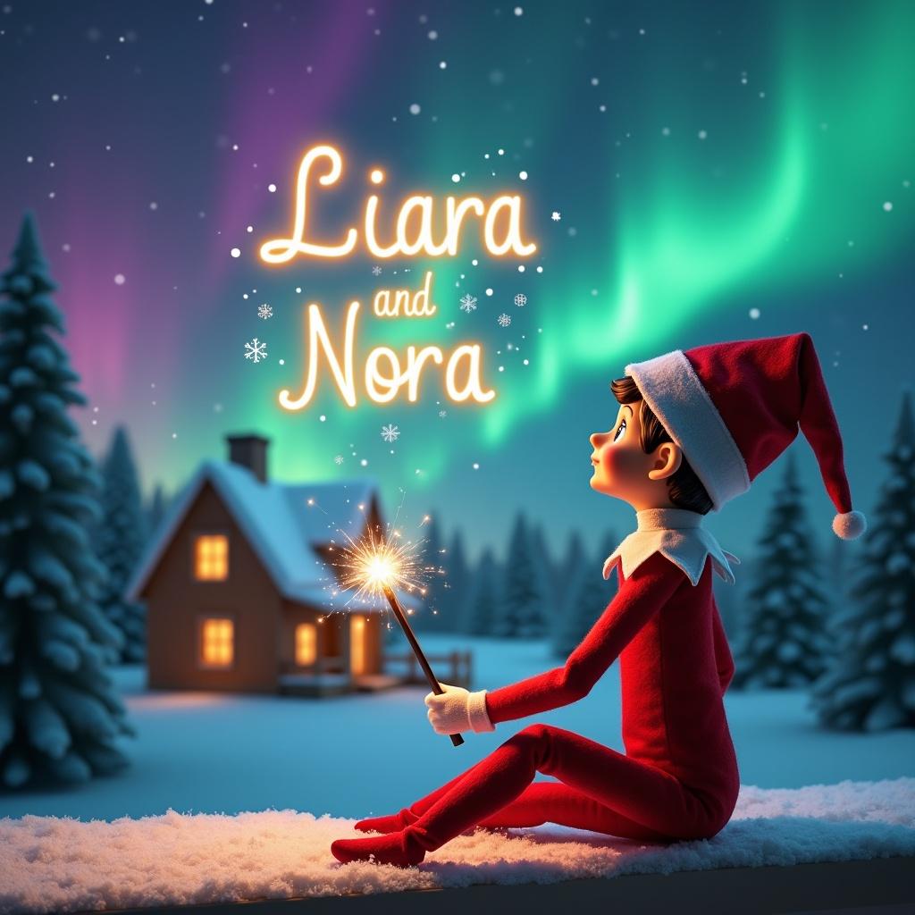 An elf on the shelf sits with its back to the viewer, gazing skyward. It holds a glowing wand that emits sparkling light, adding to the magical atmosphere. The background features a beautiful Christmas scene with swirling northern lights creating a vibrant display. In the distance, there is a cozy house, adorned with holiday decorations that add warmth to the scene. Snow blankets the ground, enhancing the winter ambiance. The elf is in a playful pose, perfectly showcasing the joy and enchantment of the holiday season, with the names 'Liara und Nora’ gracefully written in the air by the wand, embodying the festive spirit.