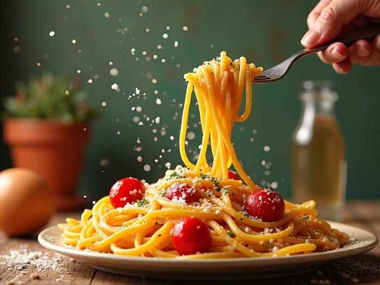A beautiful plate of spaghetti featuring cherry tomatoes and sprinkled parmesan cheese. A hand twirls the spaghetti with a fork, showcasing the delicious texture. The background is softly blurred with a warm color scheme, exuding a festive mood.